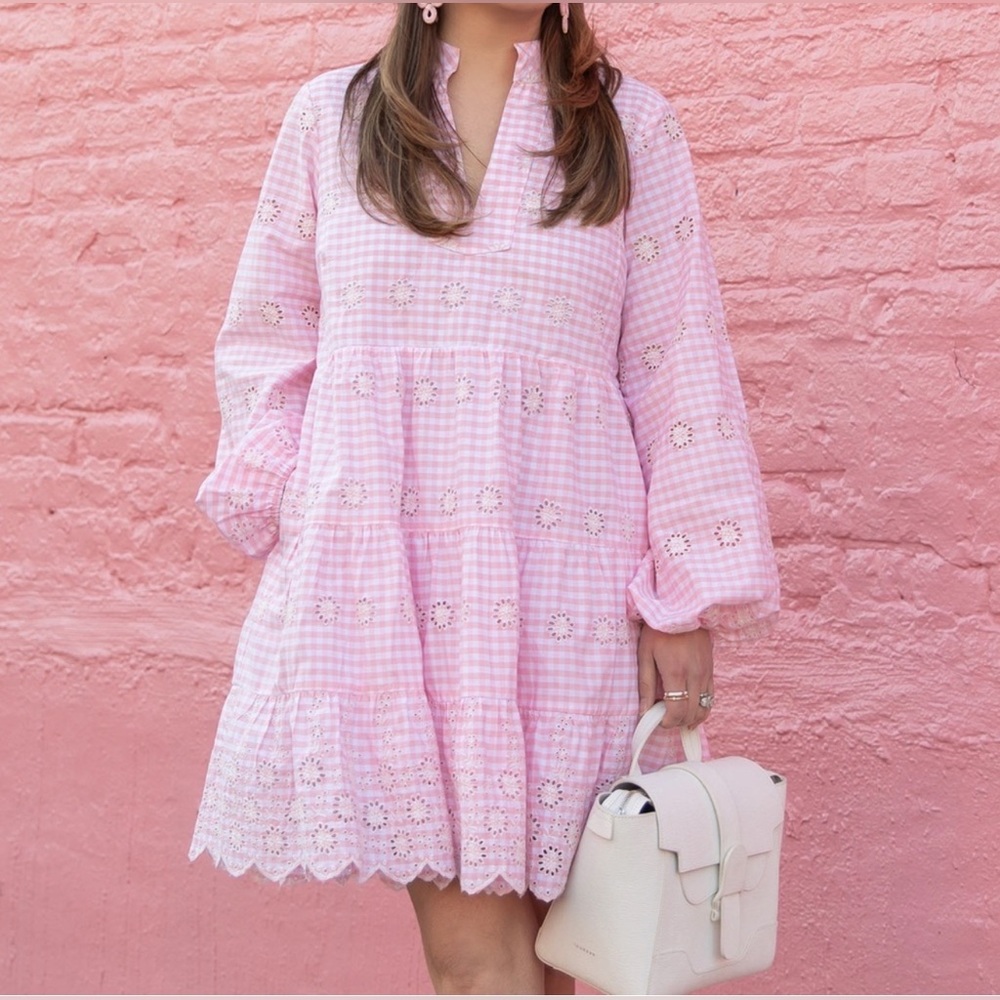 Sail to Sable -  Pink Gingham Long Sleeve Eyelet Lined Dress 👗